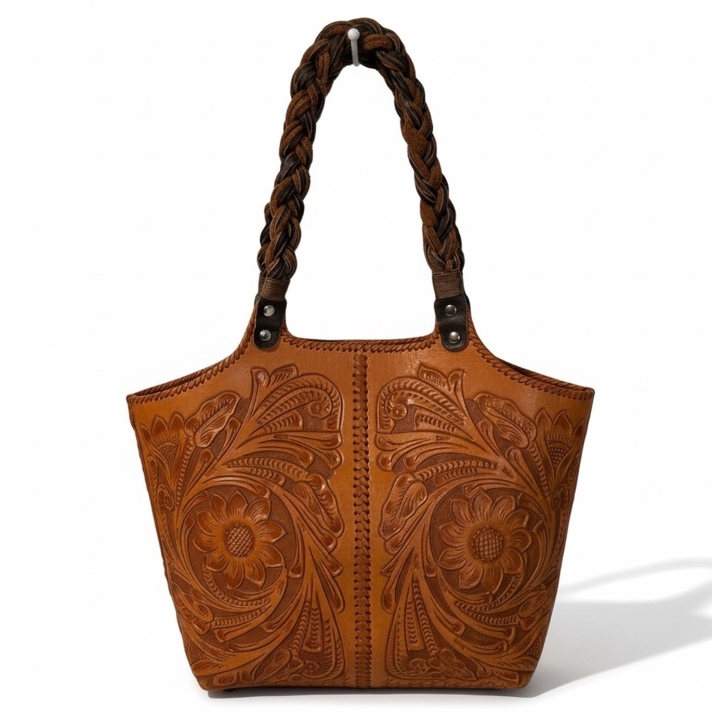 Alejandro Yeo Brown Leather Shoulder bag braided handle structured tote tooled - Picture 14 of 14